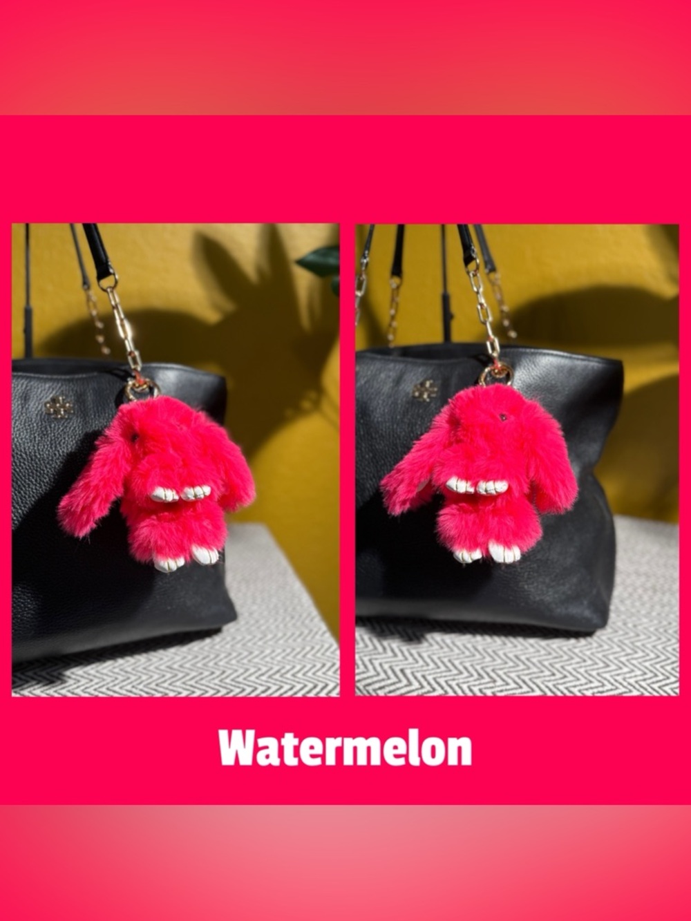 Faux Fur Bunny Bag Charm | Bright Pink Shades & Gold Hardware - Choice of 1 - Picture 4 of 7